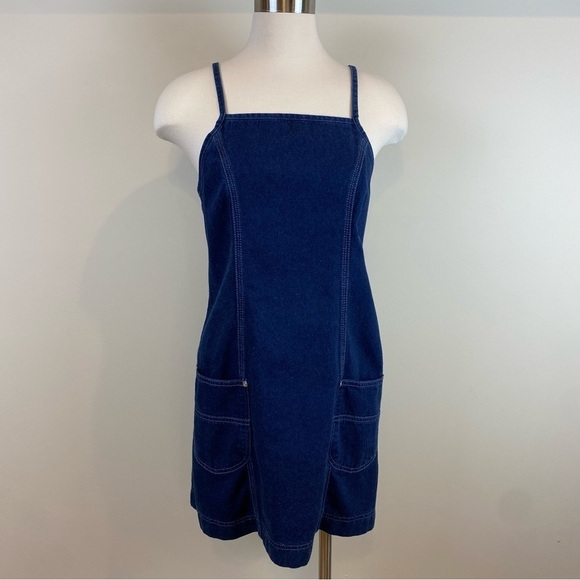 Lee Riveted Dark Denim Spaghetti Strap Mini Dress Size 11 Pockets Summer Casual - Picture 1 of 17